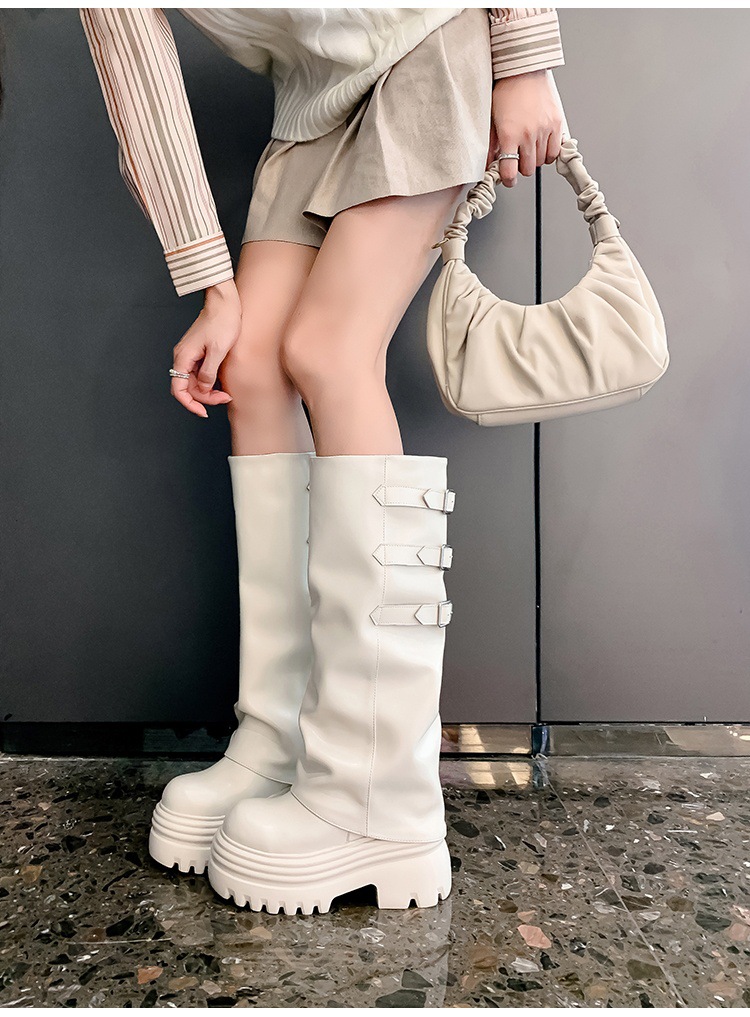 Boot nữ cổ cao ôm bắp chân da thật đế dày tăng chiều cao 15cm gót chunky — Lớp lót đơn màu trắng nhạt 12cm, Lớp lót đơn màu nâu 15cm, Màu đen đơn 12cm, Lớp lót nhung màu nâu 12cm chi tiết 12