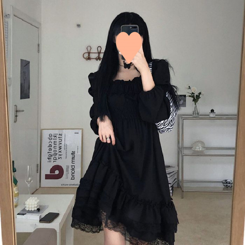 Spring and Autumn New Korean-Style Ins Trendy Slimming Girl Outfit Dark Lace Splicing Elegant Short Dress Trendy
