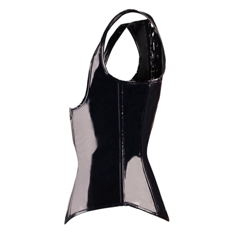 Exquisito negro brillante cuero hebilla de acero corsé corte corsé Amazon suministro al por mayor entrega de una sola pieza