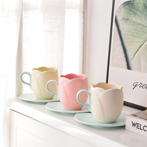 OZON Retro Tulip Coffee Cup High-End Delicate Flower Mugs Afternoon Tea Ceramic Cup and Saucer Set