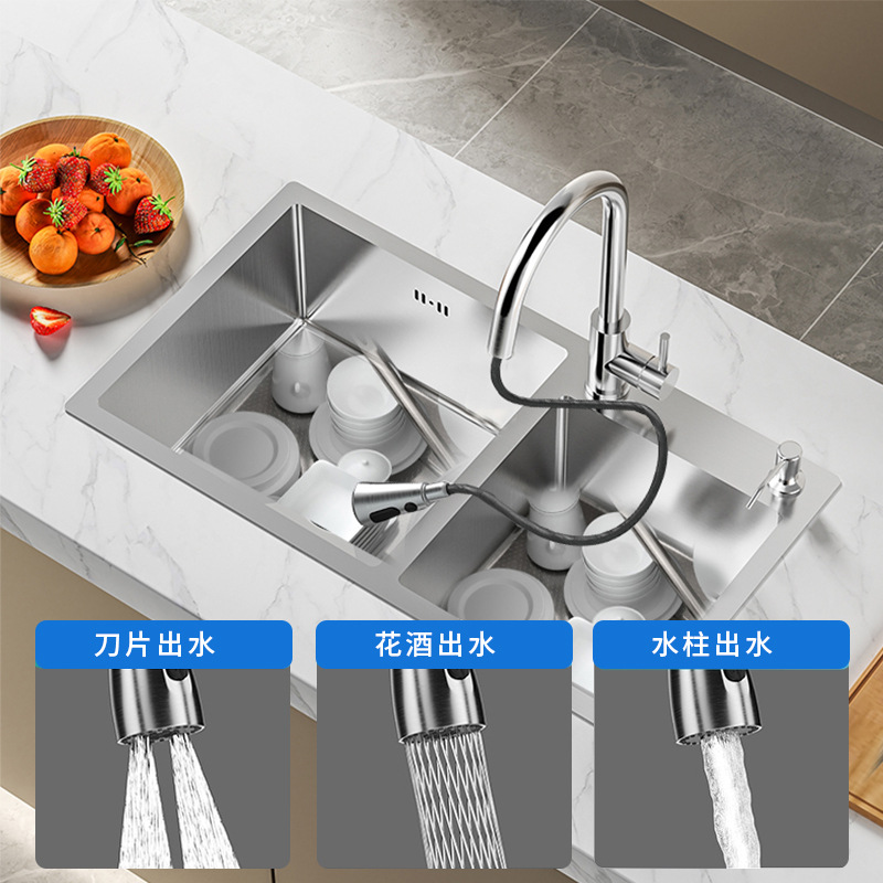 Fregadero de cocina de doble cubeta de acero inoxidable SUS304, juego de lavaplatos para uso doméstico, fregadero bajo encimera para lavado a mano con grifo