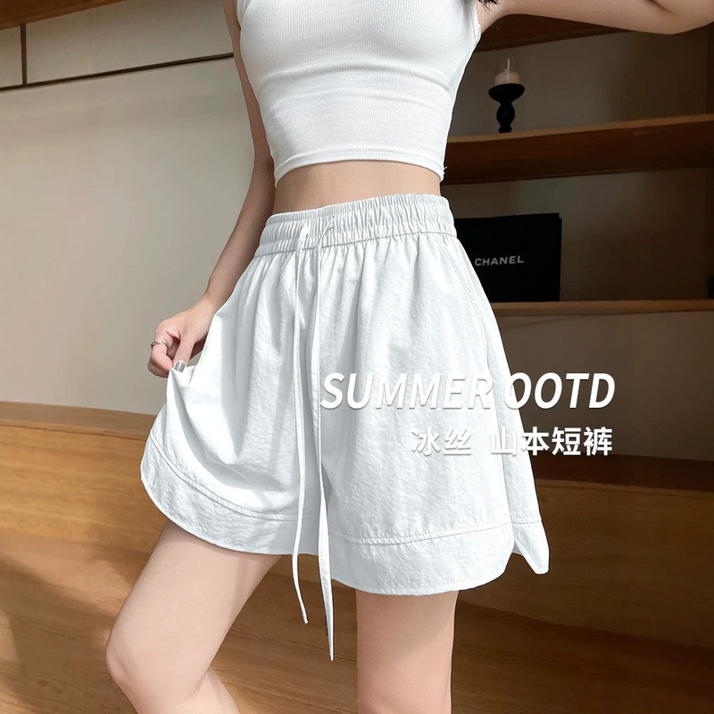 White ice silk quick-dry shorts for women, summer 2026 new model, casual loose fit, plus size, for plus-size women, knee-length sports shorts White ice silk quick-dry shorts for women, summer 2026 new model, casual loose fit, plus size, for plus-size women, knee-length sports shorts