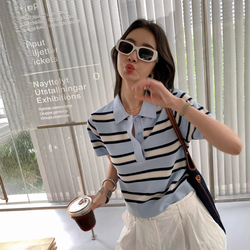 Spring and Summer New Cool Sense Thin Knitted Pullover Contrast Color Striped POLO Collar Women's Trendy T-Shirt with Three-point Sleeve