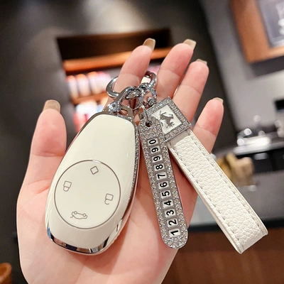 Car key bag – Suitable for 2021 zero run t03 - old-zero-run-milk-white-single-shell-horse-mark-white-diamond-rope-number-plate