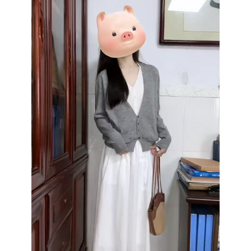 灰色V领假两件毛衣女早秋新款韩系宽松慵懒百搭高级感针织衫上衣|undefined