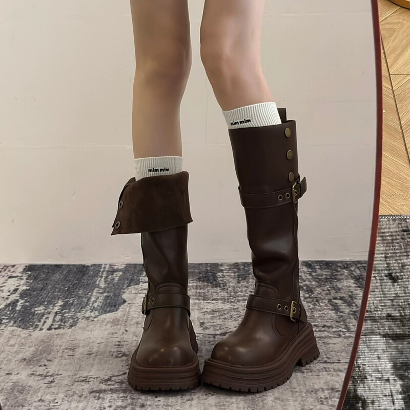 Western Boots, Cowboy Boots for Women, Autumn Xinjiang Travel Long Boots, Brown Melard Riding Boots, Thick-Soled Martin Boots