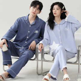 情侣纯棉睡衣女长袖春秋款高级感卡通翻领家居服全棉套装春夏男士