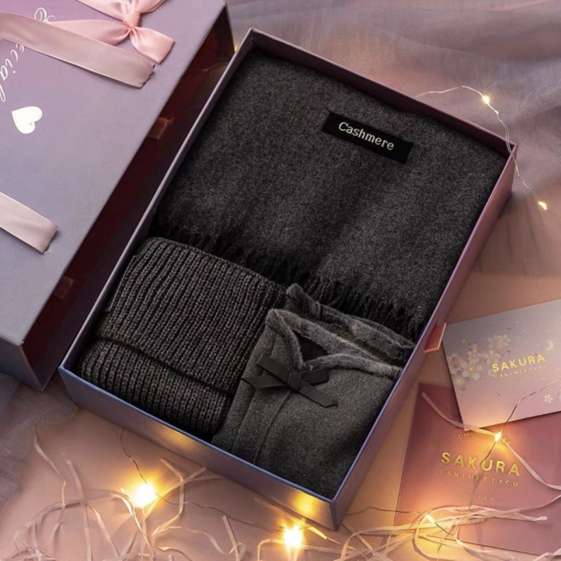 Gray scarf + german velvet gloves + hat + brooch