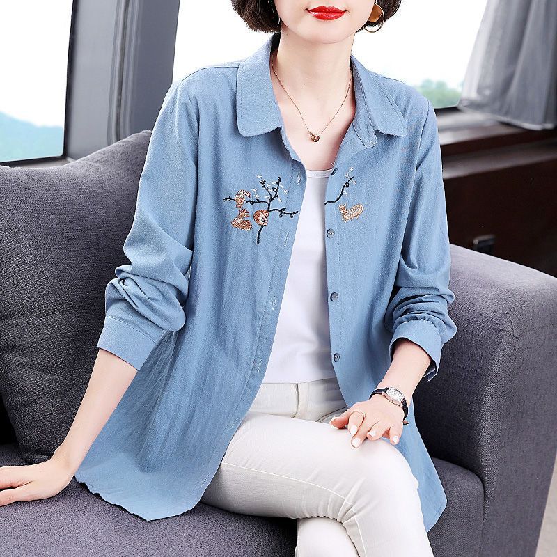 Cotton Shirt Women's 2022 Spring and Autumn New Mothers' Western Style Long Sleeve Top Large Size Mid-length Shirt Jacket