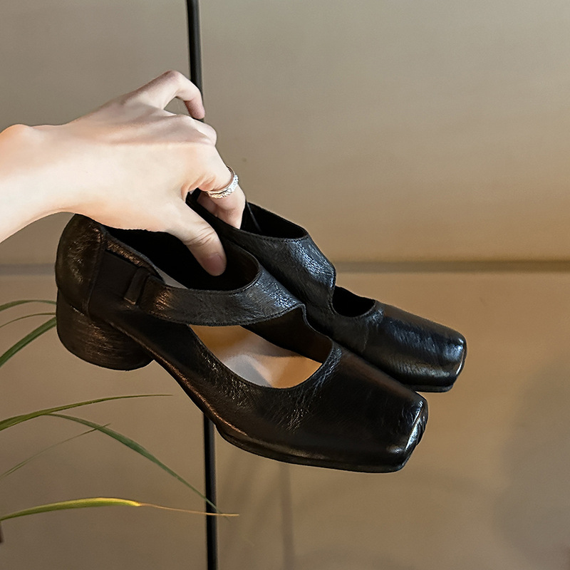 Soft Sheepskin Vintage Old Leather Square Toe Thick Heel Shoes Women's Mary Jane Single-layer Shoes Square Toe Pig Nose Ballet Shoes