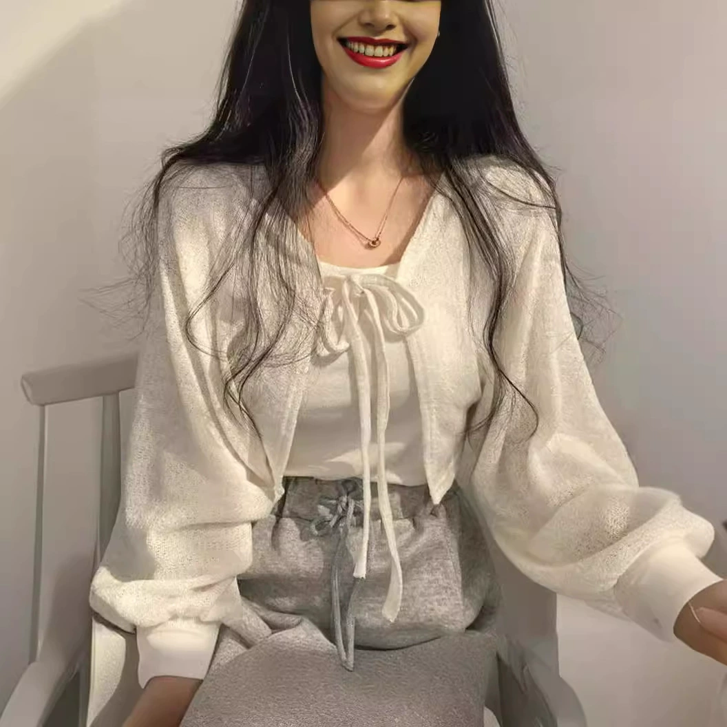 2024 весна и лето новый белый рукав с рукавами фонаря тонкий простой свободный дикий солнцезащитный кардиган короткий пальто женский