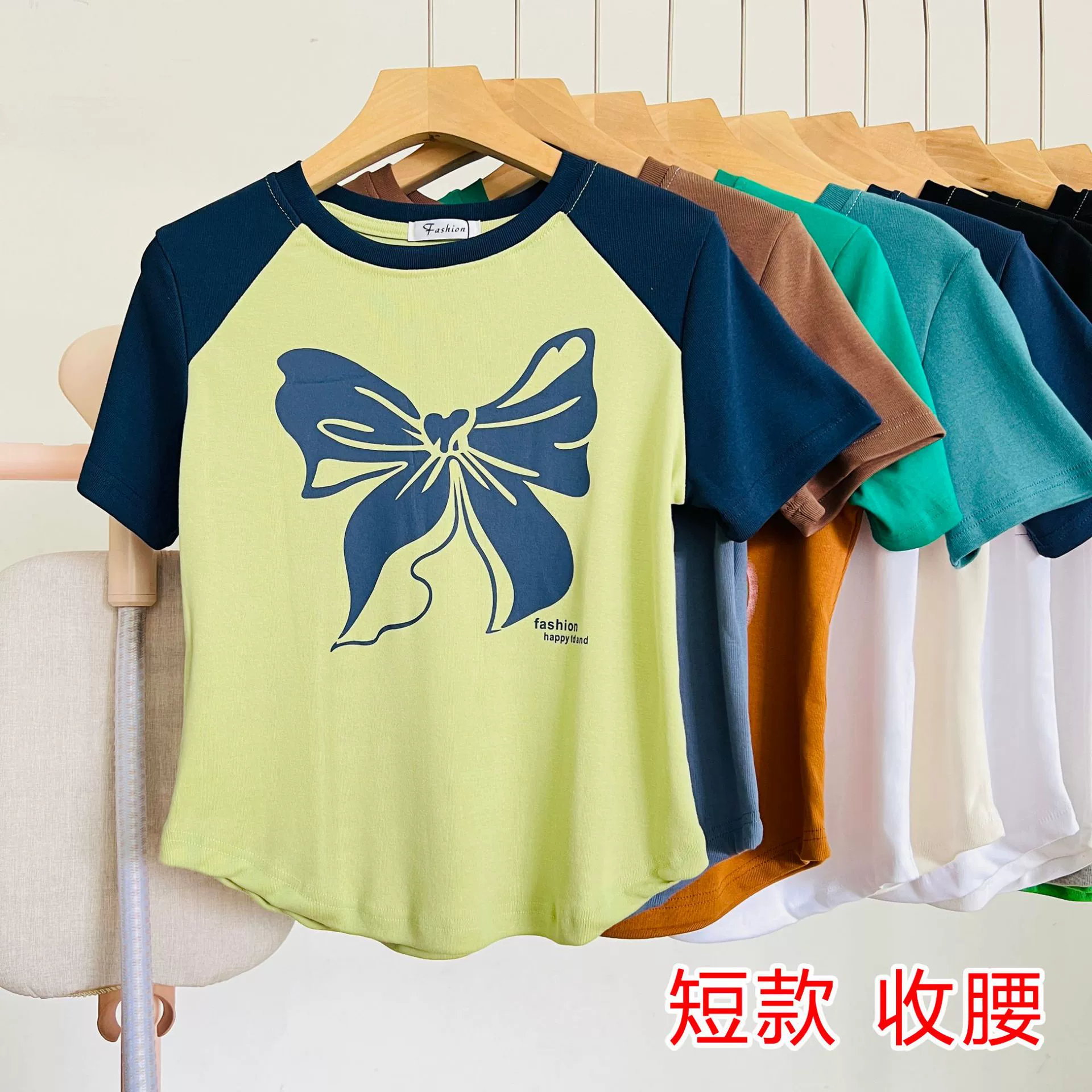 2024 новый женский топ короткая футболка французская талия тонкая хлопчатобумажная рубашка