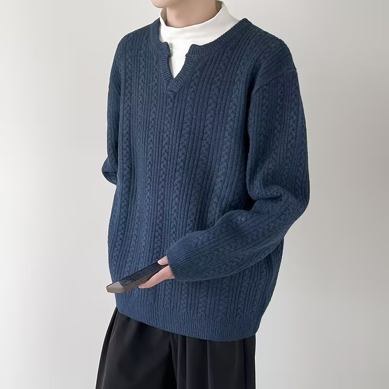 Pull en tricot à col en v pour homme en mélange coton hiver_voghion.com