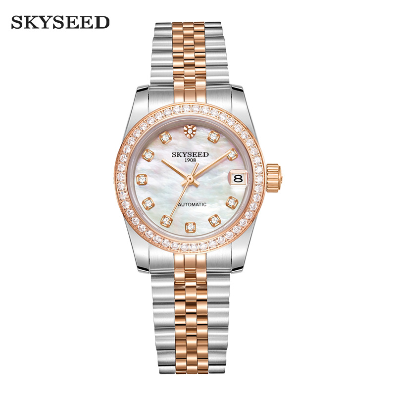 Skyseed Authentic Watch European and American Classic Diamond White Shell Literal Women's Watch Fully Automatic Mechanical Watch
