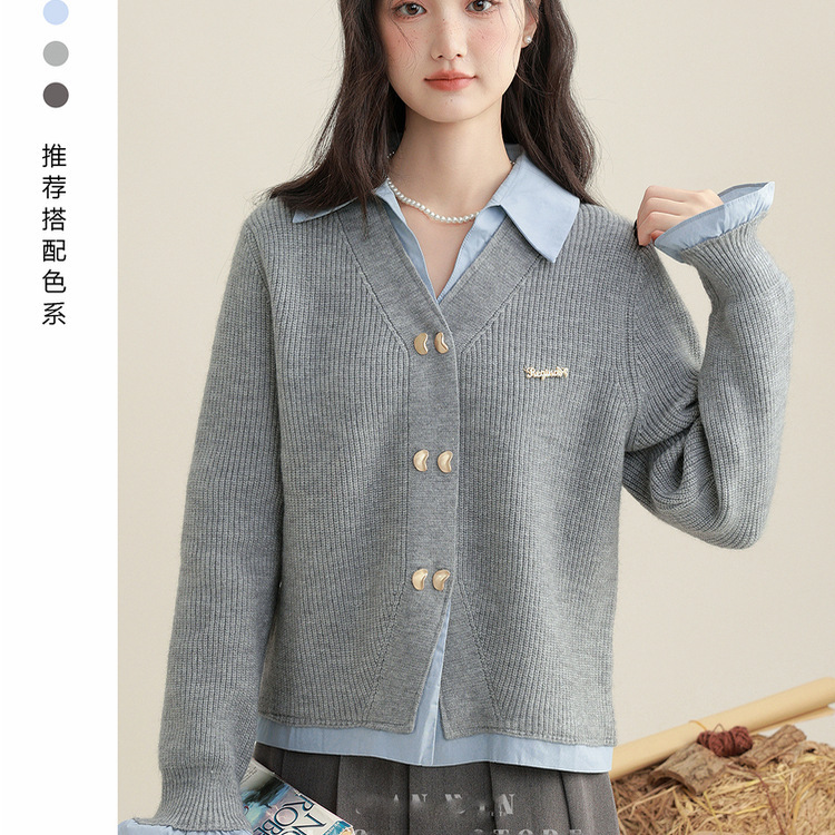 灰色假两件毛衣外套女2025春秋新款POLO领衬衫拼接针织开衫短上衣|undefined