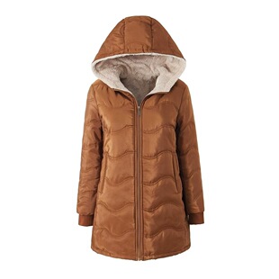 Autumn and Winter New European and American Geometric Wave Hooded Mid-Length Loose Fleece-Lined Warm Cotton Clothing Imitation Lamb Wool Women's Cotton-Padded Jacket