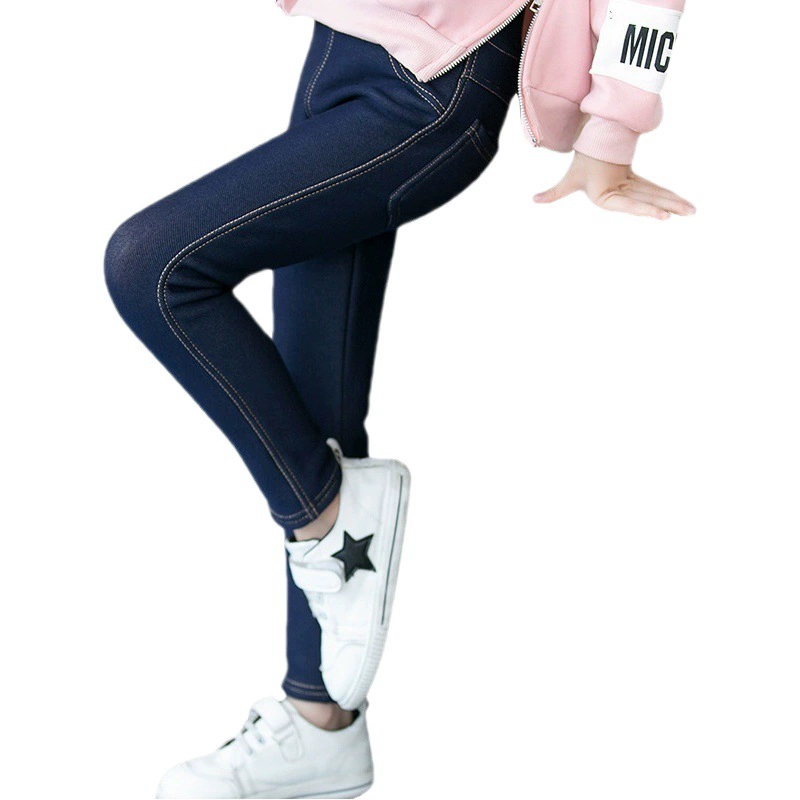 Детская одежда, новинка зимы, утолщенные большие и большие джинсы-имитации для девочек, модные детские брюки с маленьким ртом и флисовой подкладкой в Корейском стиле