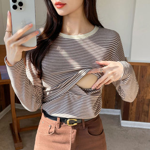 Pure Cotton Breastfeeding Clothes T-Shirt Striped Base Shirt Autumn Hot Mom New Out-of-the-way Skin-friendly Breastfeeding Jacket Spring and Autumn