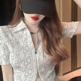 港味字母翻领短袖恤修身短款双拉链露脐上衣半袖夏季女气质开衫