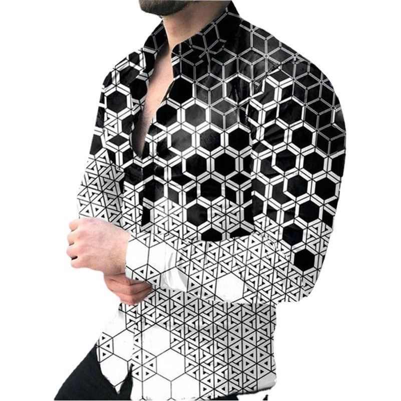 Ropa de hombre europea y americana de comercio exterior nueva personalidad casual de otoño camisa impresa de manga larga de los hombres de moda más camisa de tamaño