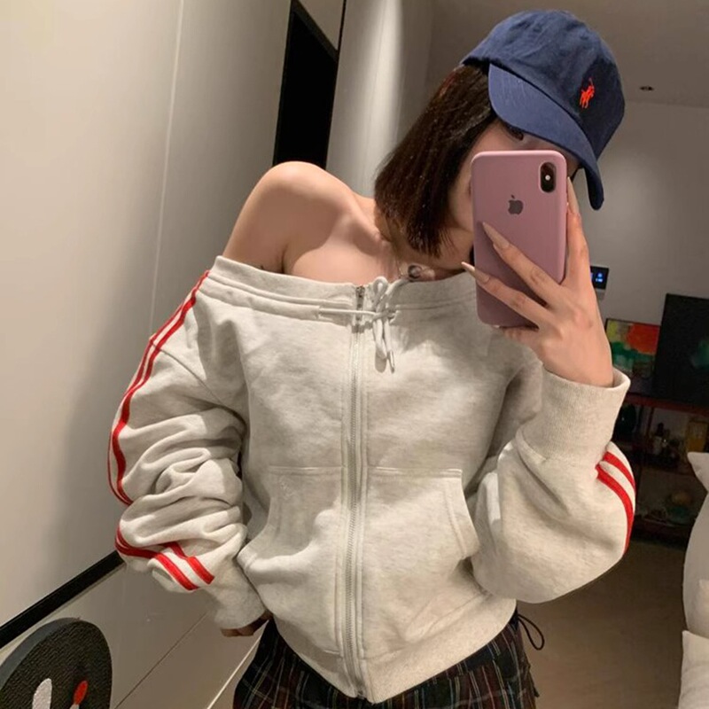 [Original Method] Off-Shoulder Striped Long Sleeve Cardigan Sweatshirt for Women, Casual Autumn Jacket Ins