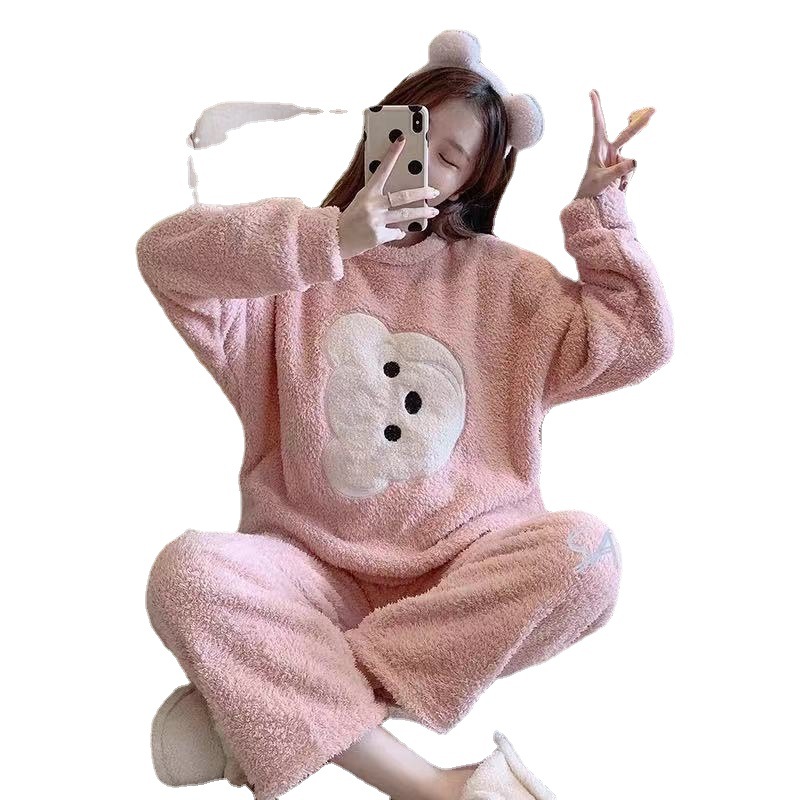 Pijamas de terciopelo coral para mujer, gruesos y forrados de felpa para invierno, conjunto de pijama de franela, modelo nuevo otoño-invierno 2024.