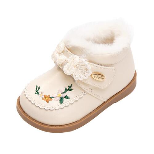 Cotton Shoes for Girls with Fleece Lining, Winter Waterproof Leather Boots, Soft Sole, Cute Children's Traditional Chinese Style Embroidered Short Boots, Hanfu Inspired Princess Shoes