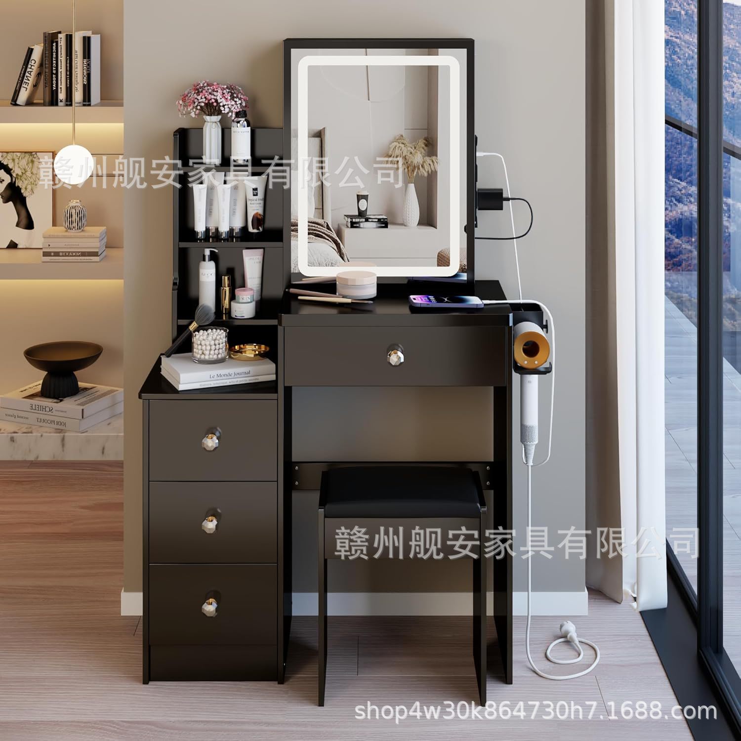 Cross-Border Exclusive Supply Source Bedroom Storage Integrated Dressing Table Led Internet Celebrity Makeup Table USB Rechargeable Sliding Mirror