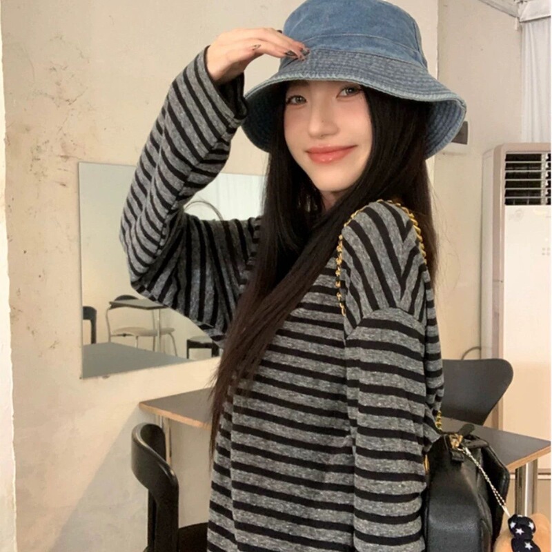 Casual Striped Long-Sleeve T-Shirt 2026 Autumn New Korean Style Loose Mid-Length Outerwear Inner Layering Top