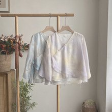 3520《天空之恋》夏日新中式穿搭时尚重工扎染V领文艺绑带上衣