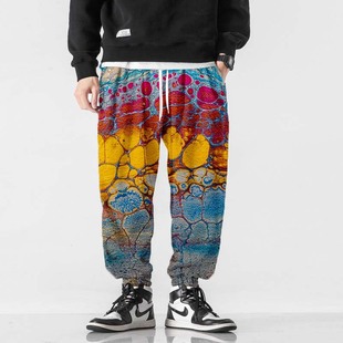 Europe and the United States cross-border fashion colorful ink 3D digital printing men's casual Harlan loose toe pocket pants