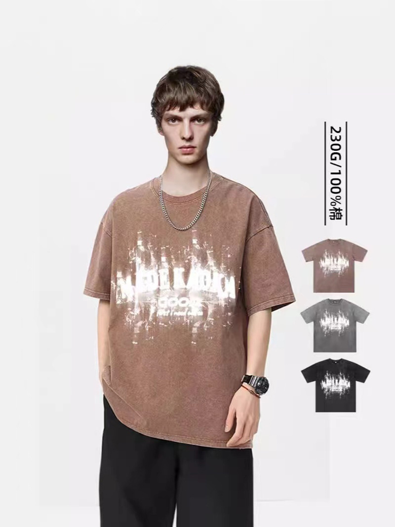 230g hacer vieja camiseta de manga corta impresión masculina cuello redondo suelto oversize vintage marca de moda blusa de moda universal