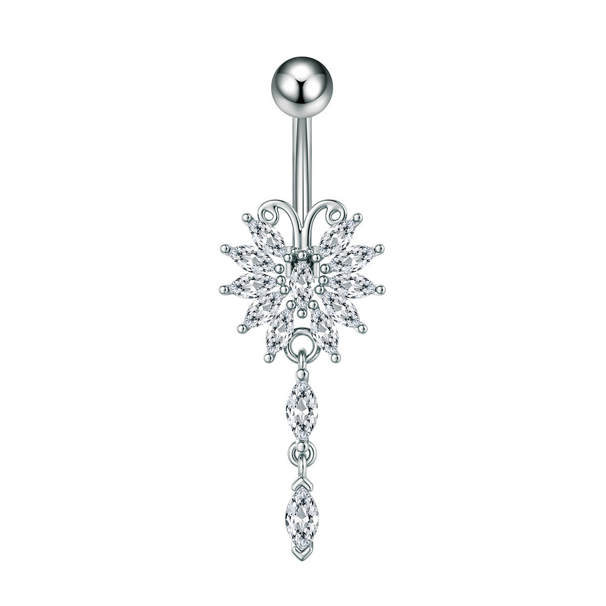 Anello per ombelico curvo in acciaio inossidabile, serie a catena, cuore, zircone, gioielli per piercing in stile street cross-border_voghion.com