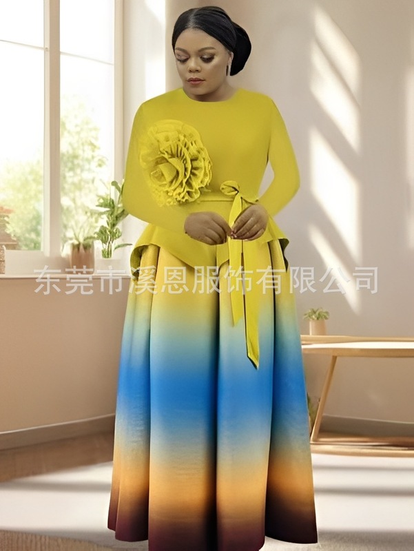 Miayki三宅跨境时尚立体花朵不规则渐变色半身长裙两件套装大码女|undefined