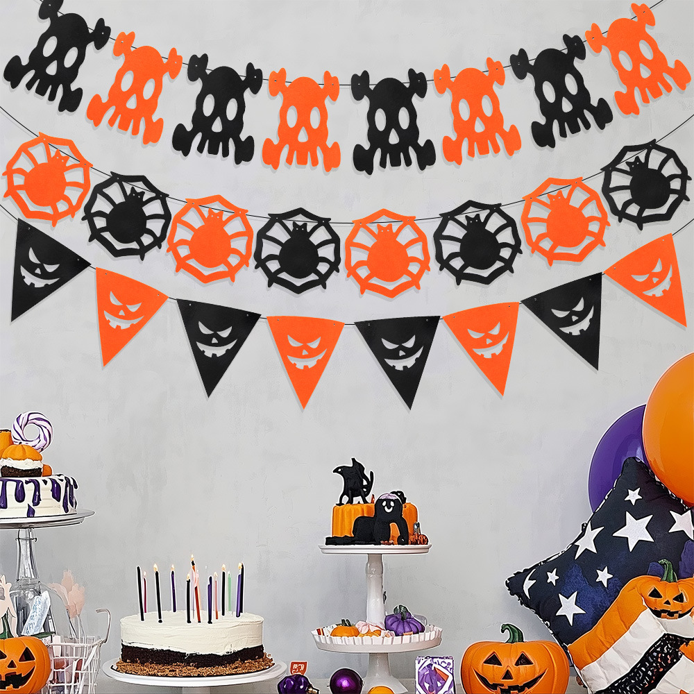 Nueva bandera de halloween tela no tejida bandera de color naranja negro KTV bar decoración de fiesta esqueleto araña colgante tirar de flores
