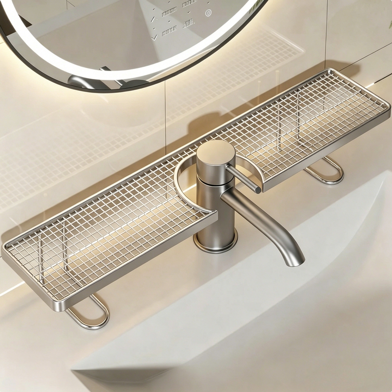 Faucet Shelf Bathroom Sink Vanity No-Drill Storage Rack for Bathroom Mirror Front Water-Draining Organizer Faucet Shelf Bathroom Sink Vanity No-Drill Storage Rack for Bathroom Mirror Front Water-Draining Organizer
