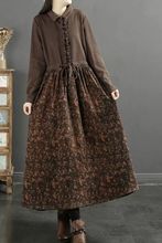 外贸专柜出口尾货剪标秋季复古碎花拼接翻领木耳边松紧腰系带长裙