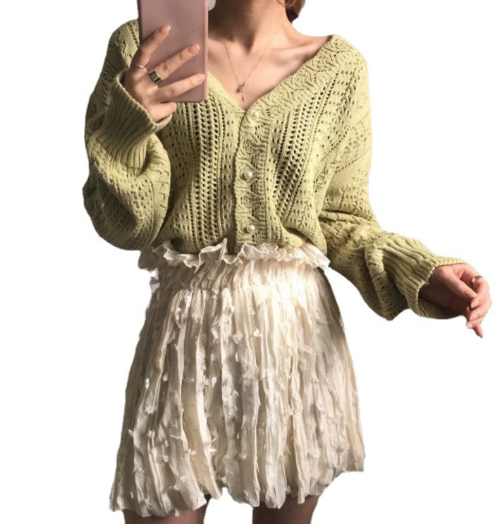 V-neck Knit Sweater (Women), Thin Autumn Long-Sleeve, Loose Fit, Button Front