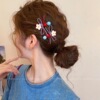 6# red and blue color block round bead bow side hair clips [pair]