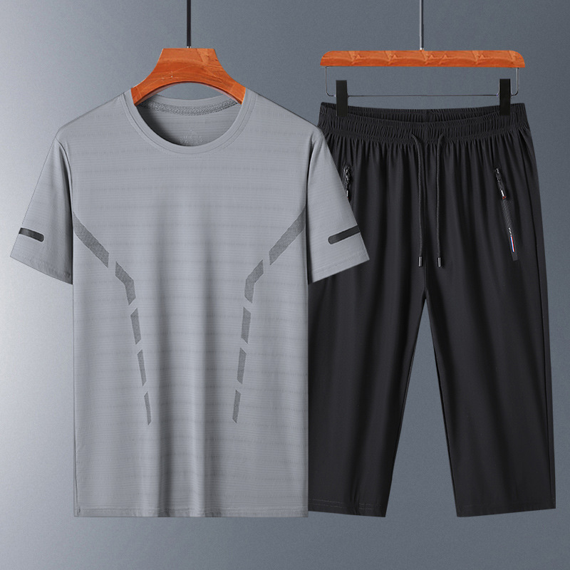 Papa de verano traje deportivo casual hombre de verano delgado rápido secado de manga corta hombre pantalones sueltos de dos piezas