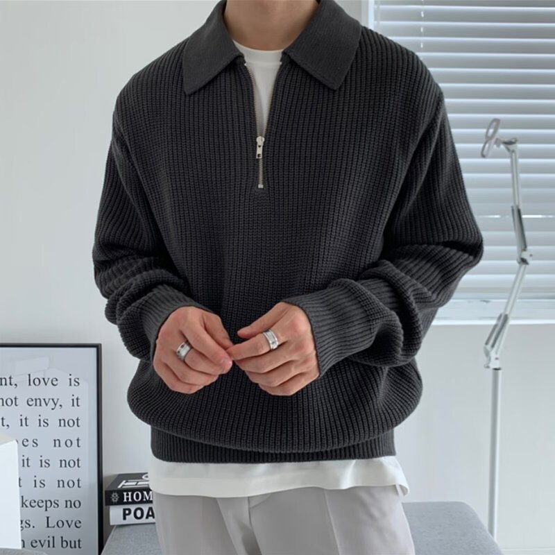 Half-Zip Knitwear Autum New Japanese Style Retro Lazy Style Lapel Knitwear Loose Casual Knitwear for Boys
