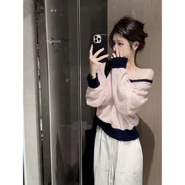 TiTi美少女复古粉色拼色V领软糯薄款毛绒绒毛衣温柔甜美上衣