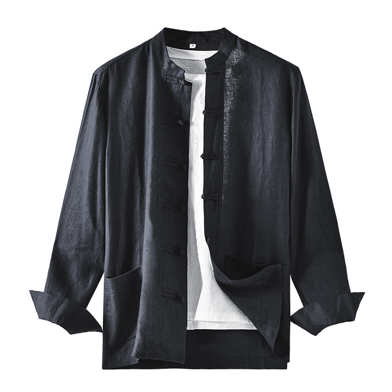 Primavera 2024 hombres de lino estilo nacional camisa suelta retro hebilla chino stand collar manga larga E009