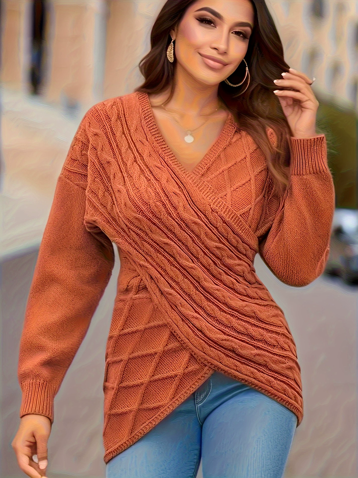 2025 Новый трансграничный дропшиппинг: Теплый зимний женский элегантный кремовый свитер с V-образным вырезом, зимний женский свитер