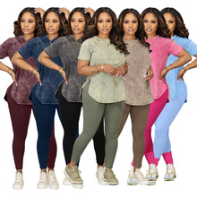 77589 独立站亚马逊新款跨境时尚欧美女装印花休闲套装运动两件套