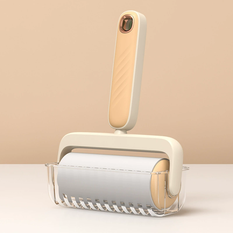 Adhesive lint roller, replaceable sticky rolls, pocket & desktop versions, ergonomic handle