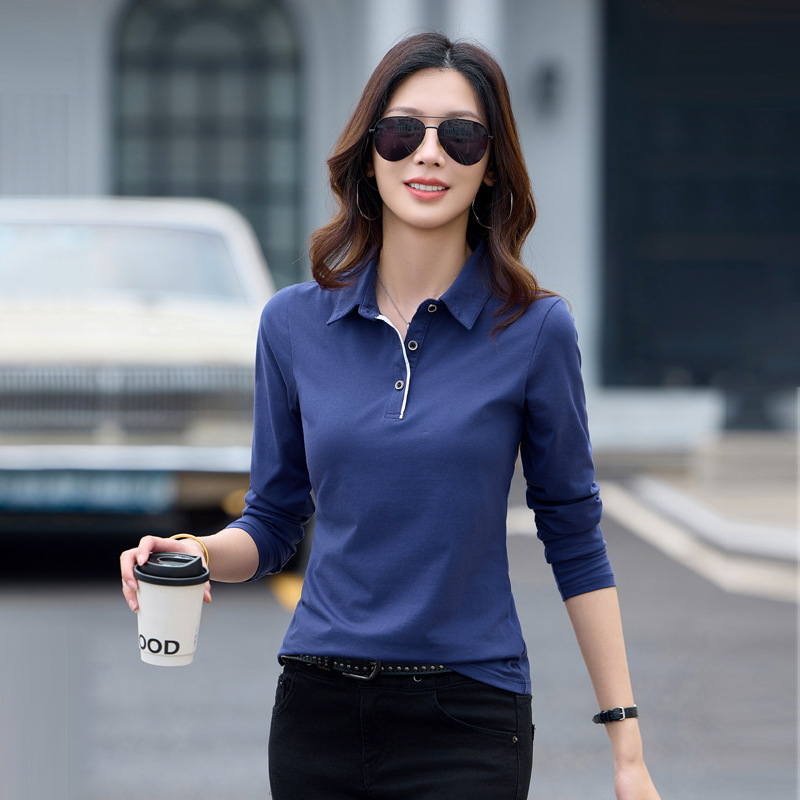 6637 # Spring and Autumn New Style Turn-Down Collar Long-Sleeved T-Shirt Women's Cotton Button Bottoming Shirt Business Wear Top Clothes Dropshipping