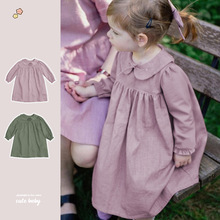 北欧风天丝麻长袖连衣裙童秋冬新款娃娃领裙子后背单排扣设计长裙