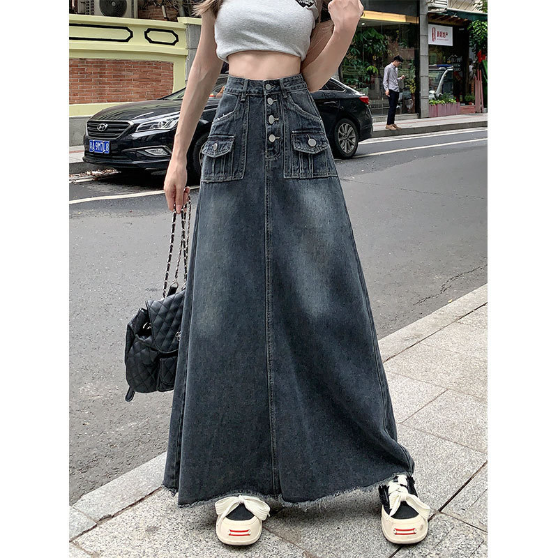 レトロなハイウエストの大きいサイズのデニムスカート、夏の太った女性用、スリムなニッチデザイン、ニッチなAラインミドル丈スカート|undefined