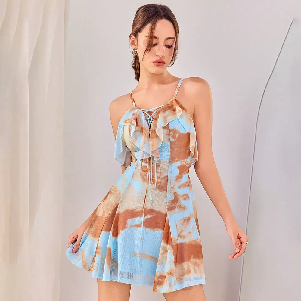 亚马逊夏季新款欧美女装时尚气质连衣裙网布印花海边度假风吊带裙